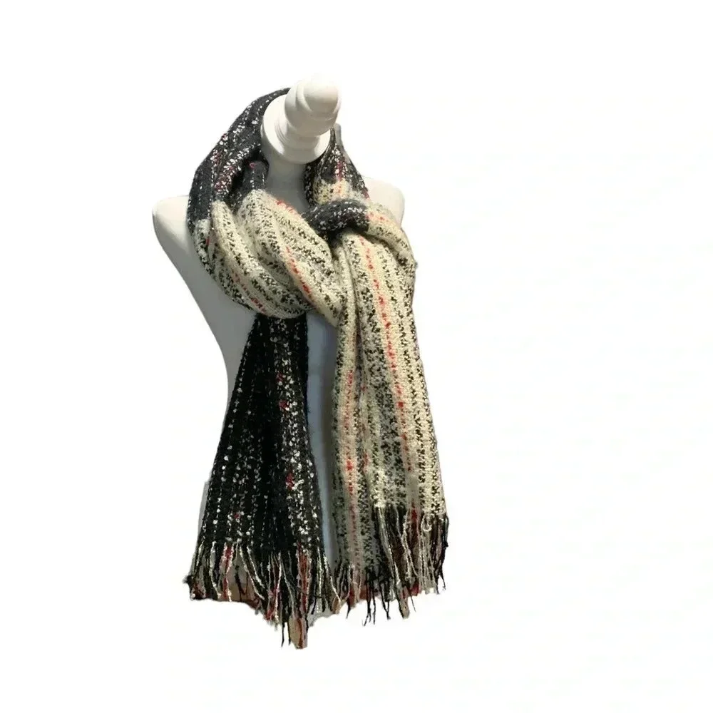 Madden Girl Woven Scarf Wrap About 22 x 71 Black White Red Fringed